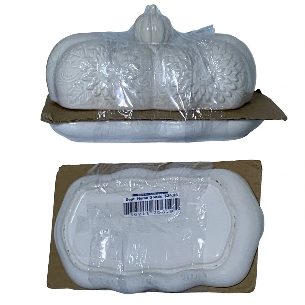 Harvest Covered Butter Dish With Lid Large Ceramic Sunflower Pumpkin White Cream
